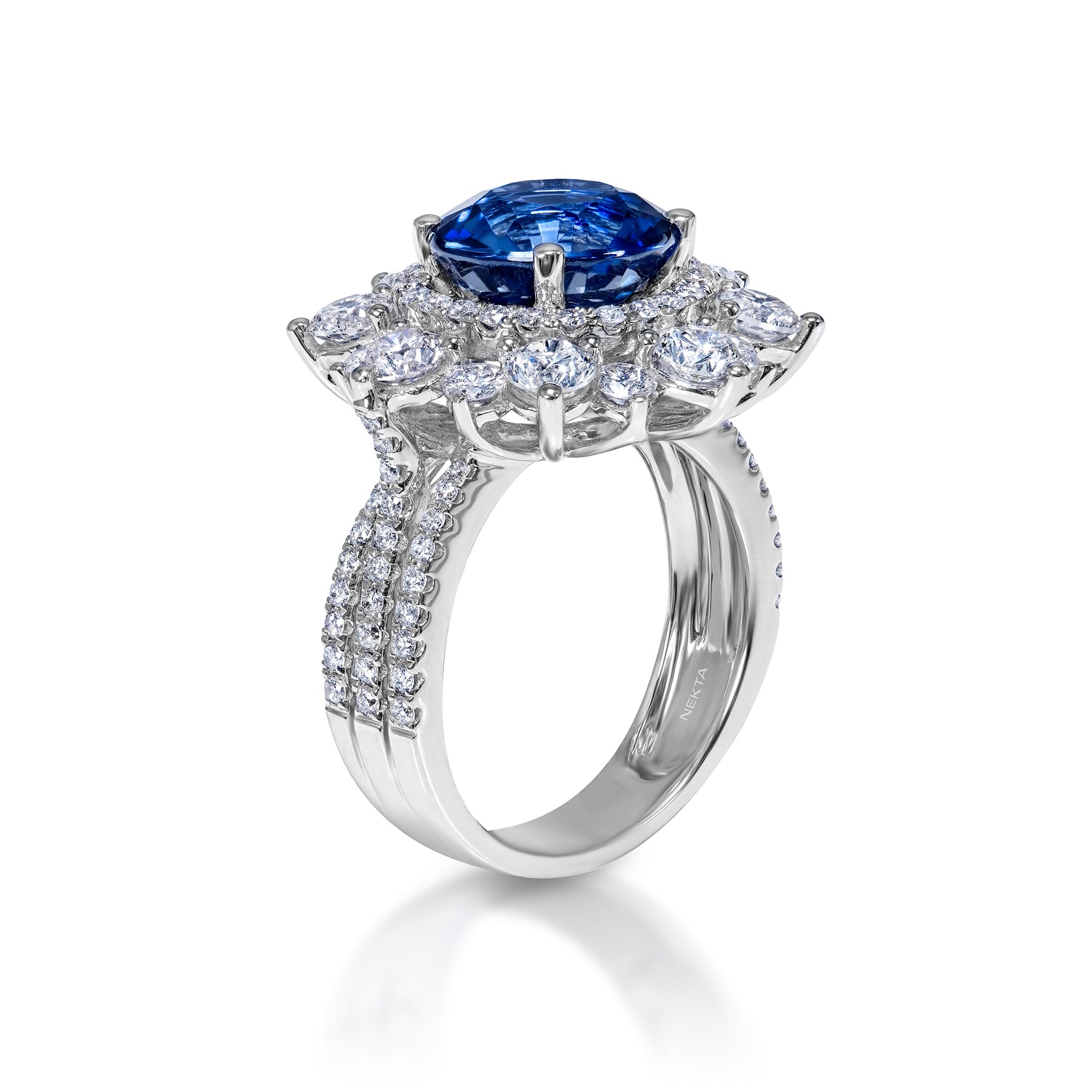 Evie 7 Carats Round Brilliant Blue Sapphire Ring in 18k White Gold Side View