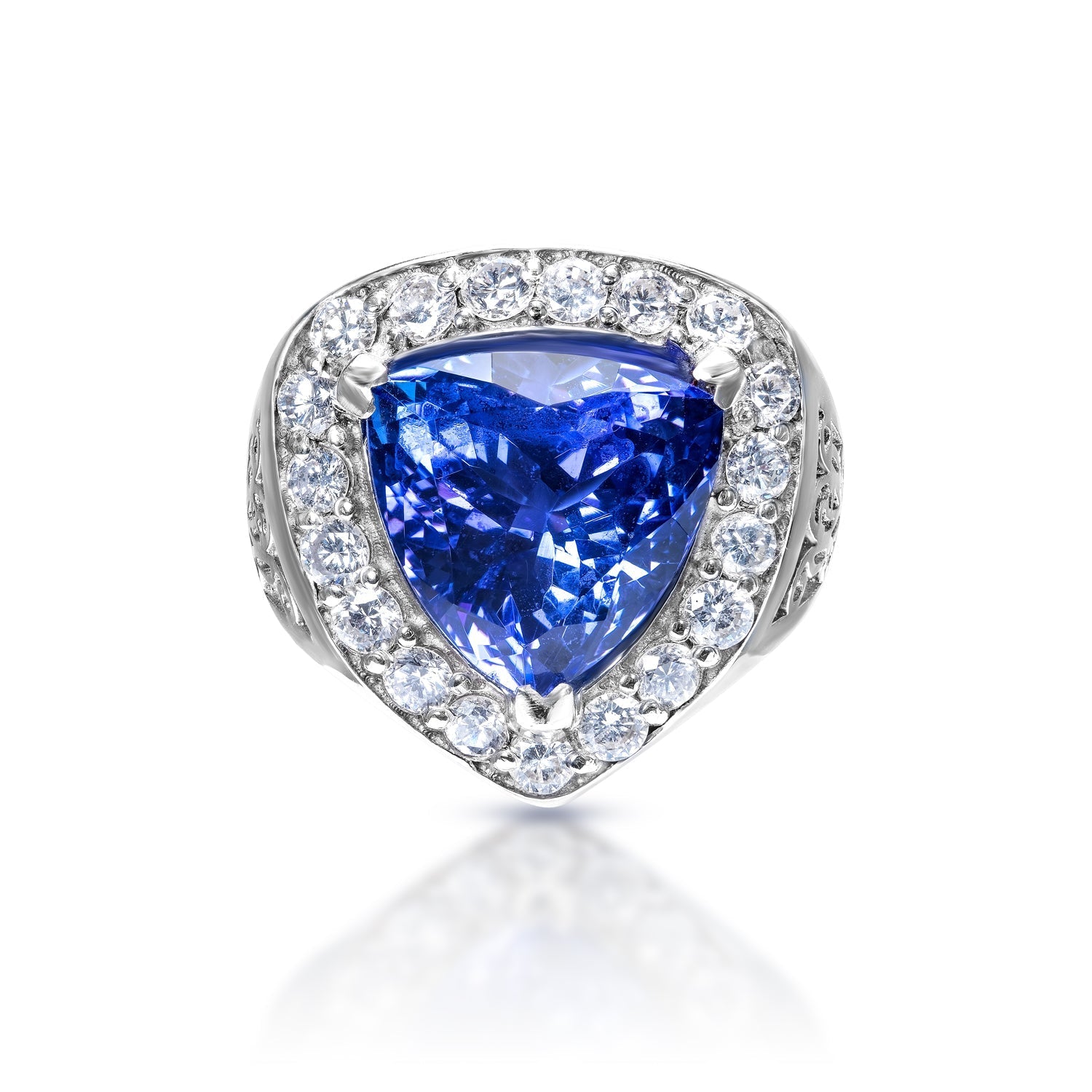 Juliet 10 Carats Trilliant Cut Blue Tanzanite Ring Halo in 14k White Gold Front View