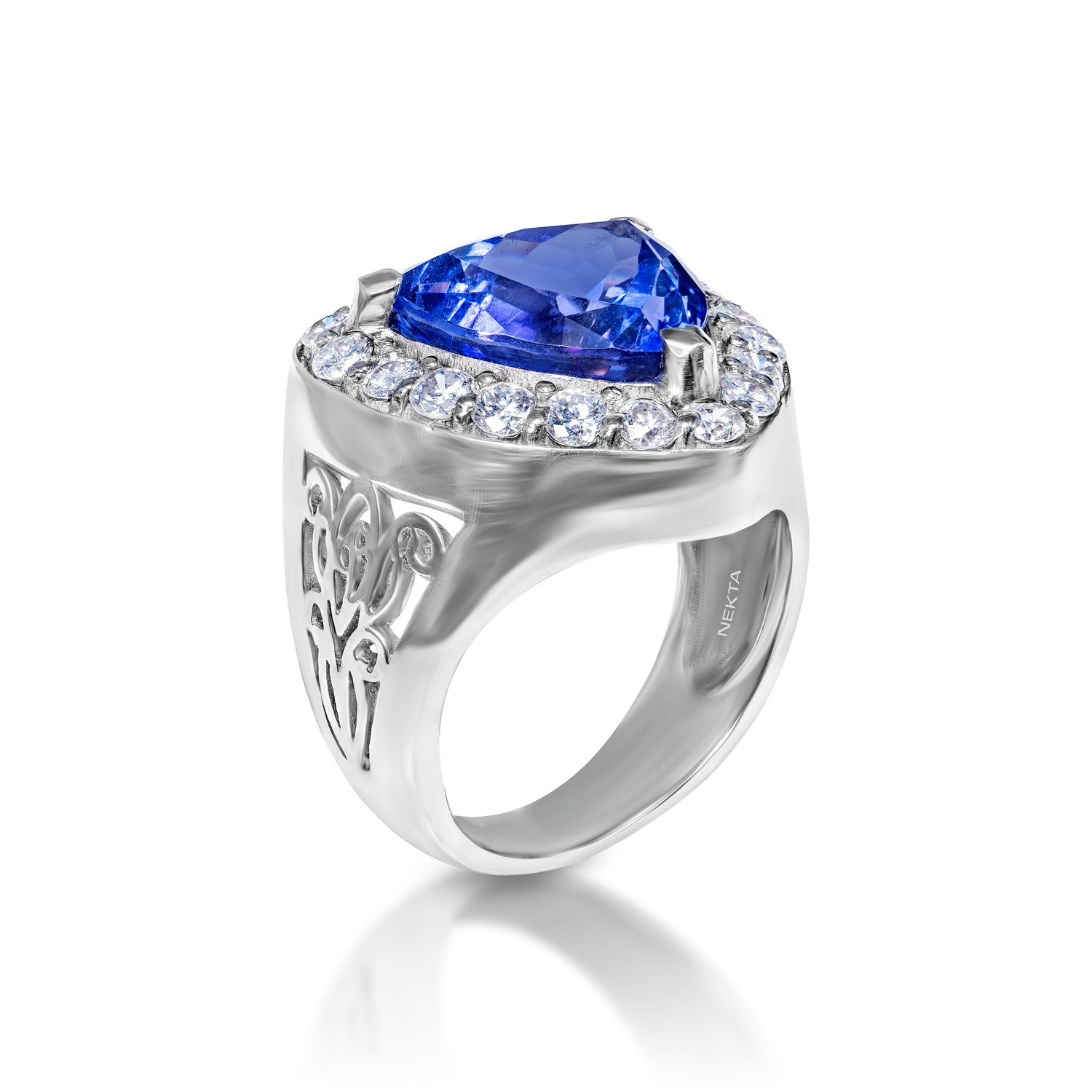 Juliet 10 Carats Trilliant Cut Blue Tanzanite Ring Halo in 14k White Gold Side View