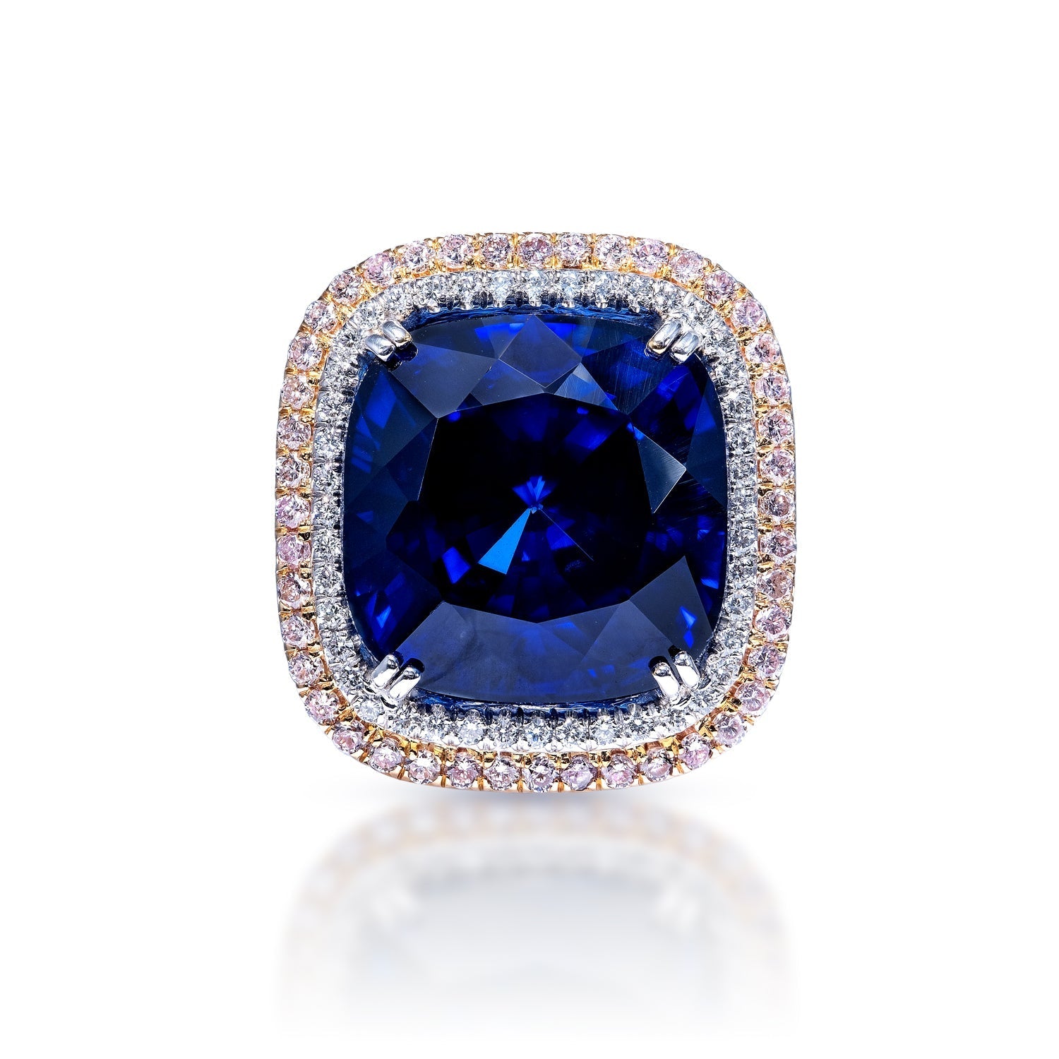 Fiona 31 Carat Cushion Cut Blue Sapphire Ring with Diamond Double Halo in Platinum Front View