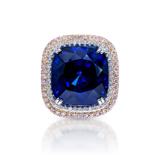 Fiona 31 Carat Cushion Cut Blue Sapphire Ring with Diamond Double Halo in Platinum Front View