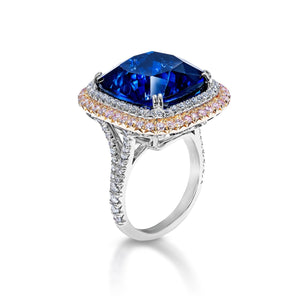 Fiona 31 Carat Cushion Cut Blue Sapphire Ring with Diamond Double Halo in Platinum Side View