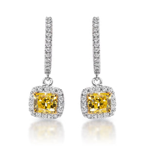 Madeleine 1 Carat Cushion Cut Diamond Leverback Earrings  with yellow diamonds in 14k White Gold Front View