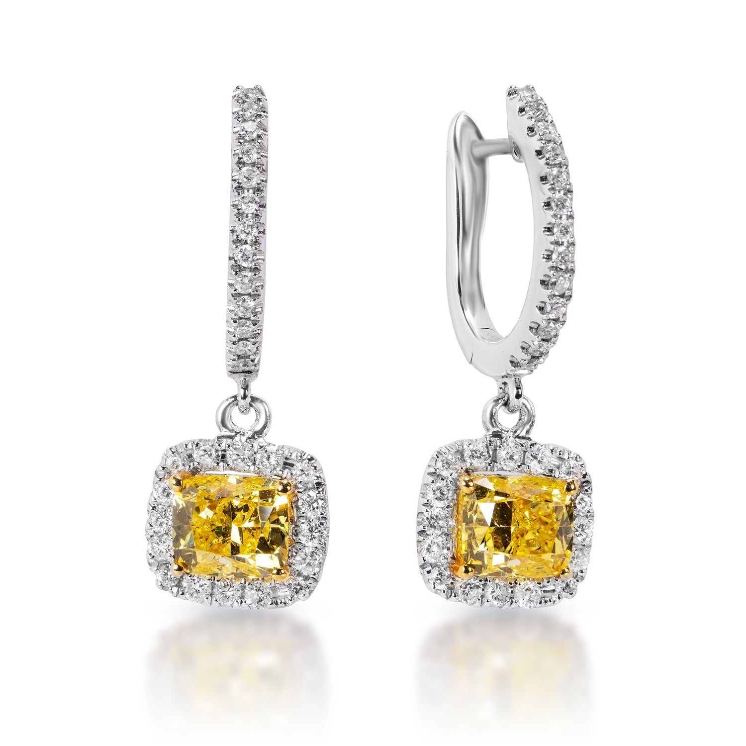 Madeleine 1 Carat Cushion Cut Diamond Leverback Earrings  with yellow diamonds in 14k White Gold Front and Side View