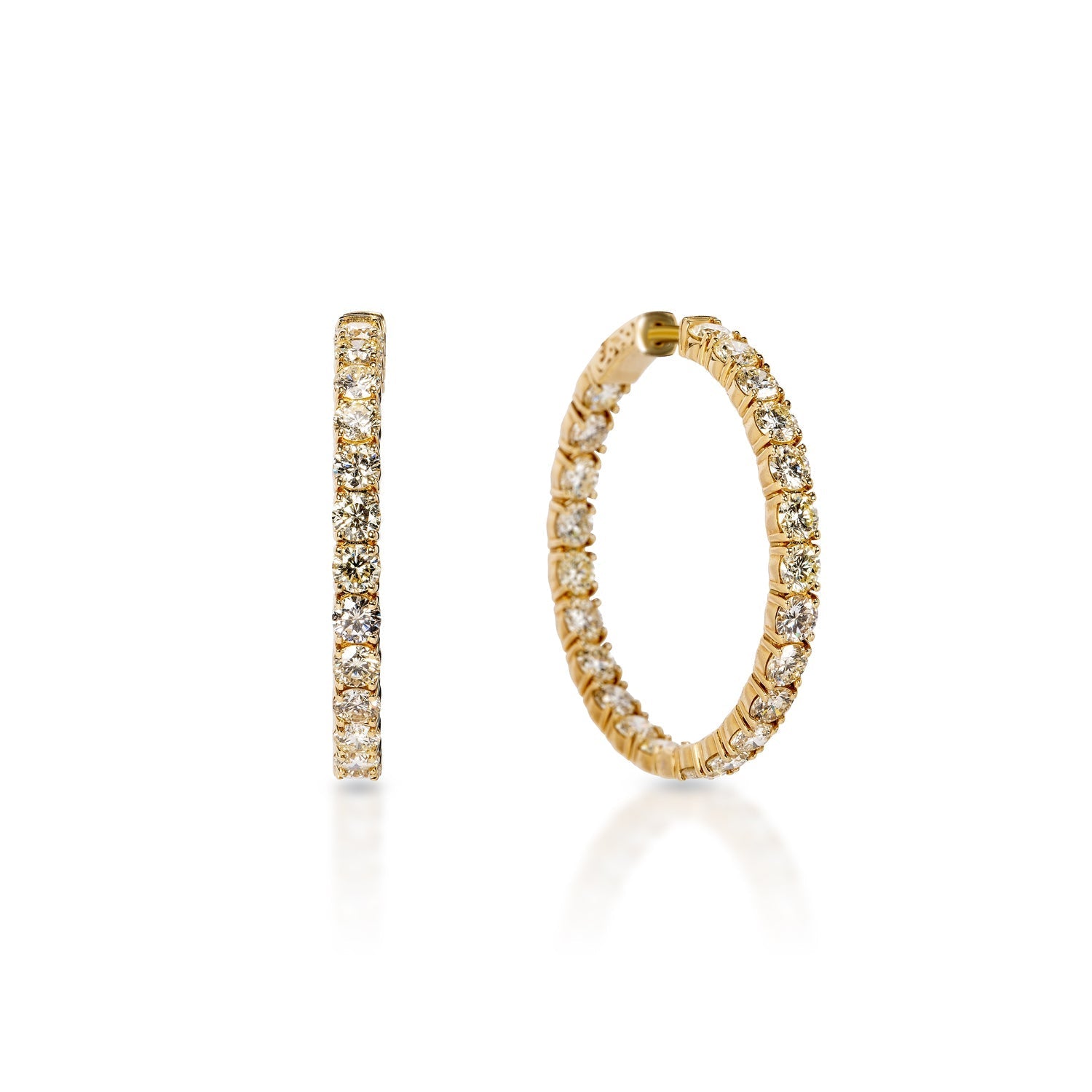 Ariel 10 Carat Round Brilliant Diamond Hoop Earrings in 14k Yellow Gold Front and Side View