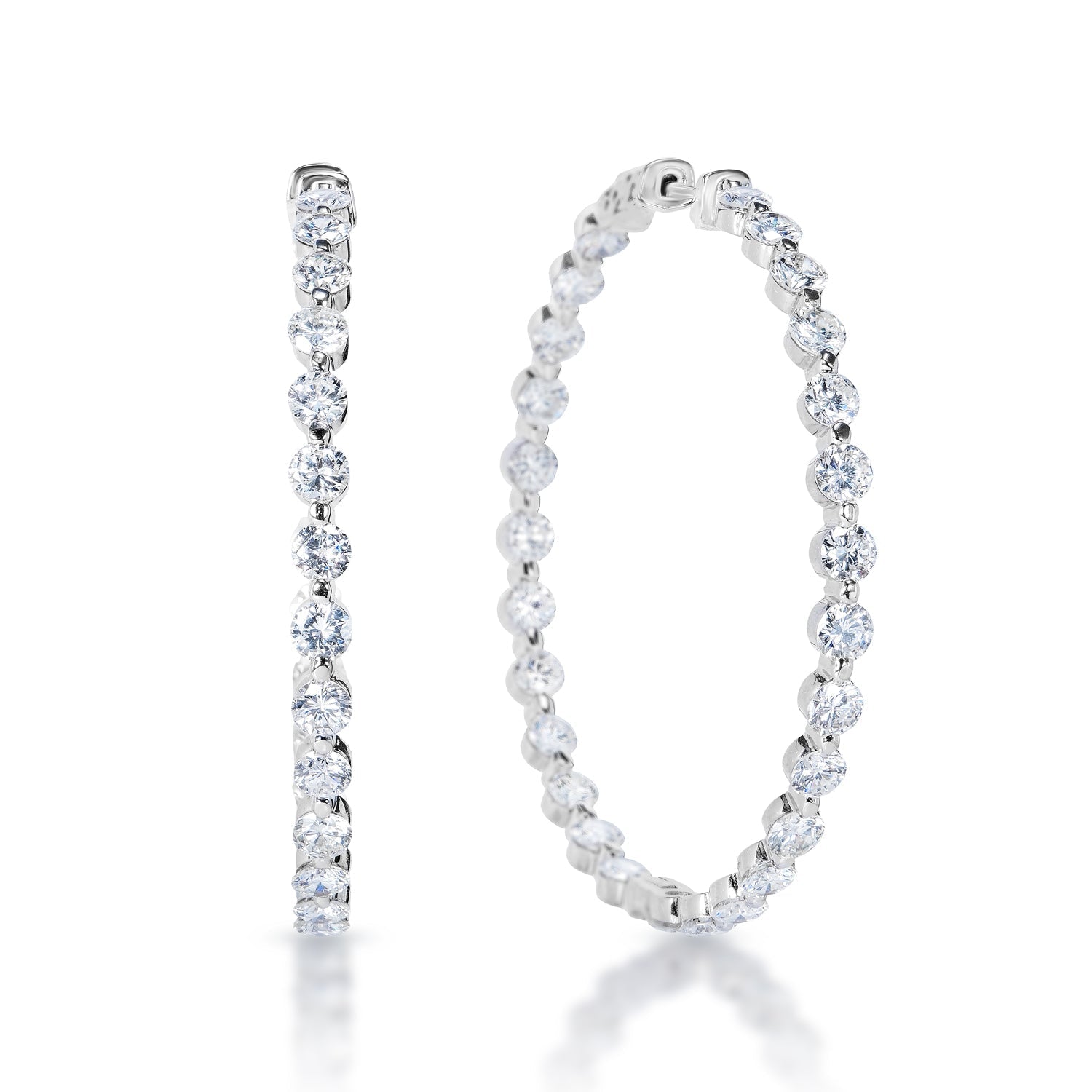 Karissa 10 Carat Round Brilliant Diamond Hoop Earrings in 18k White Gold Front and Side View