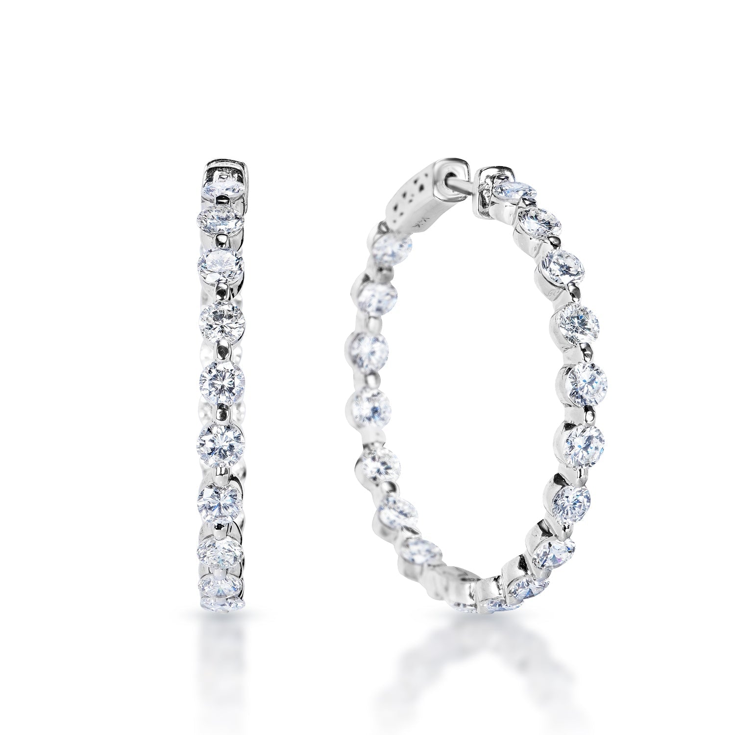 Kaitlyn 7 Carat Round Brilliant Diamond Hoop Earrings in 14k White Gold Front and Side View