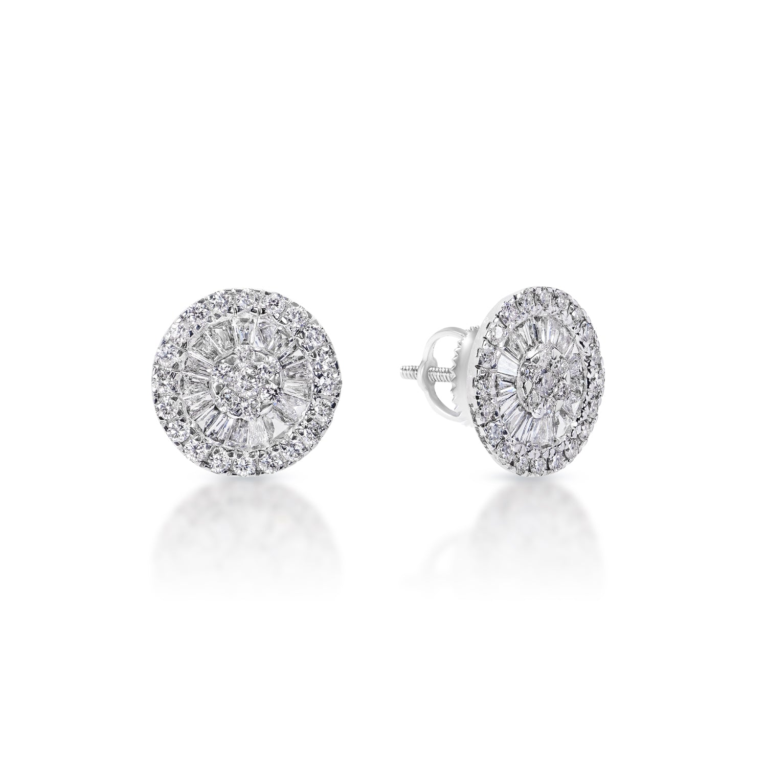 1 Carat Combine Mixed Shape Diamond Stud Earrings in 14k White Gold Front and Side View