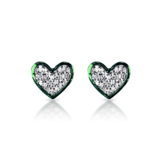Heart Baguette Cut Diamond Earrings with green enamel in 14k White Gold Front View