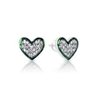 Heart Baguette Cut Diamond Earrings with green enamel in 14k White Gold Front and Side View