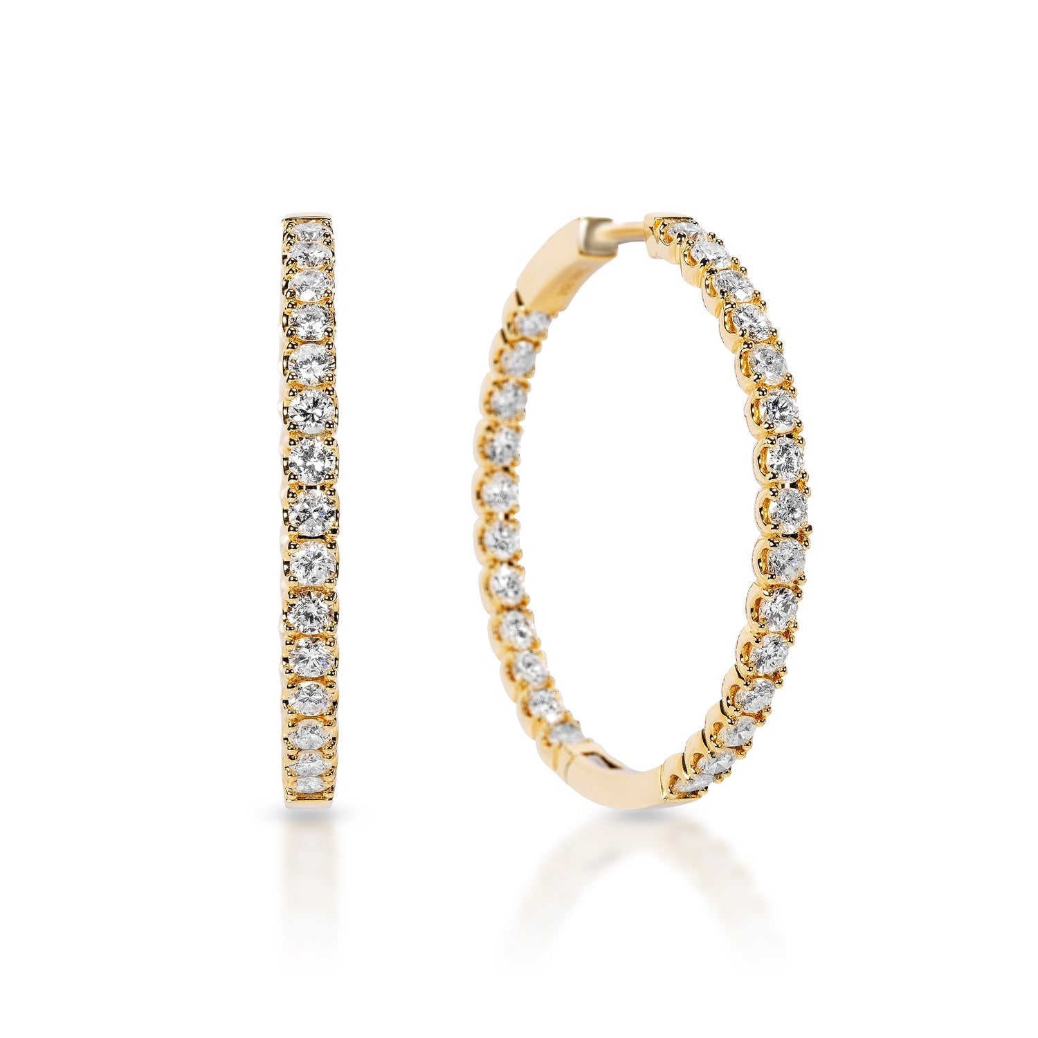 Zara 4 Carat Round Brilliant Diamond Hoop Earrings in 14k Yellow Gold Front and Side View