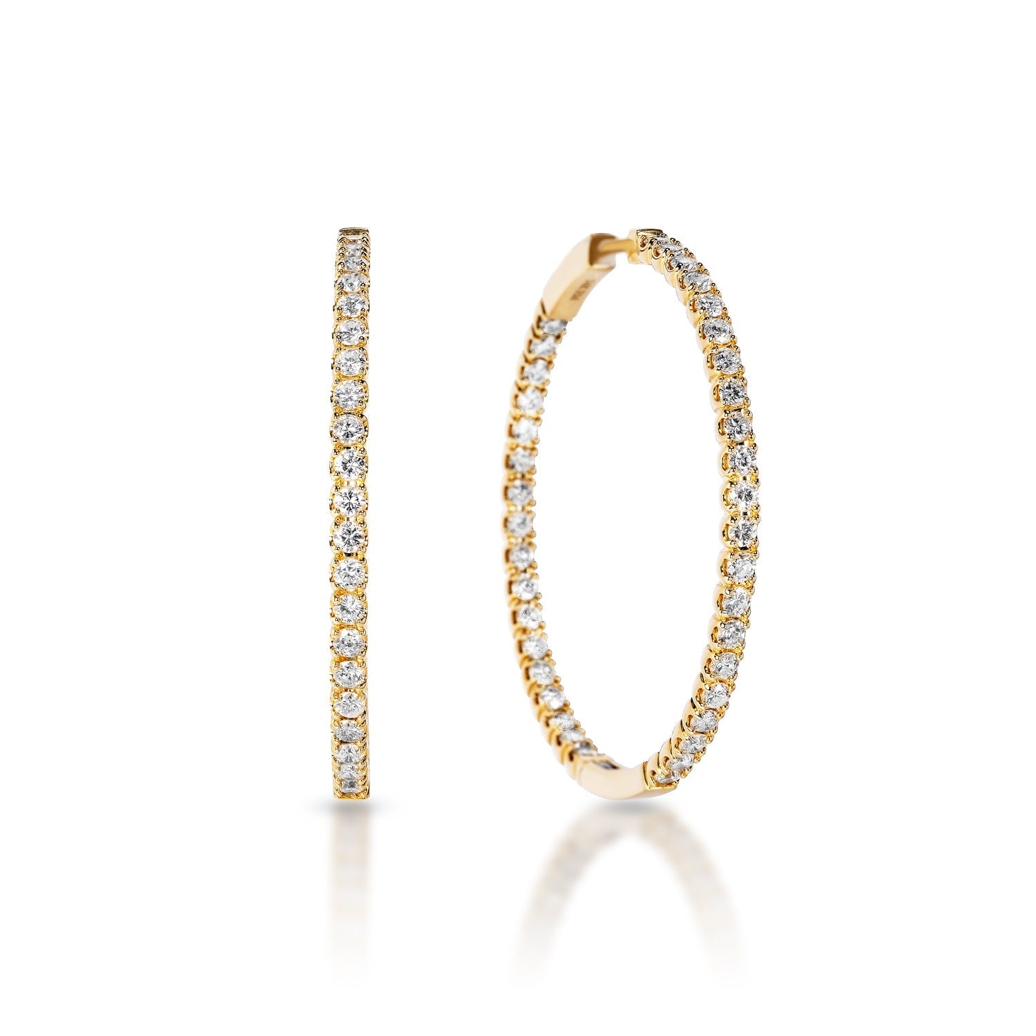 Shayna 3 Carat Diamond Hoop Slim Round Brilliant Earrings in 14k Yellow Gold Front and Side View