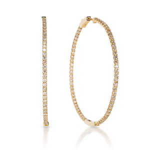 Cynthia 4 Carat Round Brilliant Diamond Hoop Earrings in 14k Yellow Gold Front and Side View