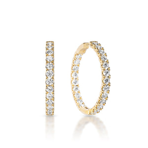 Serenity 1.5 inch 9 Carat Round Brilliant Diamond Hoops Earrings in 14k Yellow Gold Front and Side View