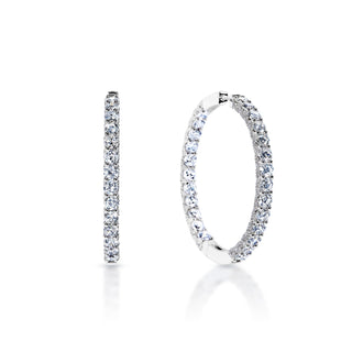 Ashlynn 13 Carat Round Brilliant Diamond Hoops Earrings in 14k White Gold Front and Side View