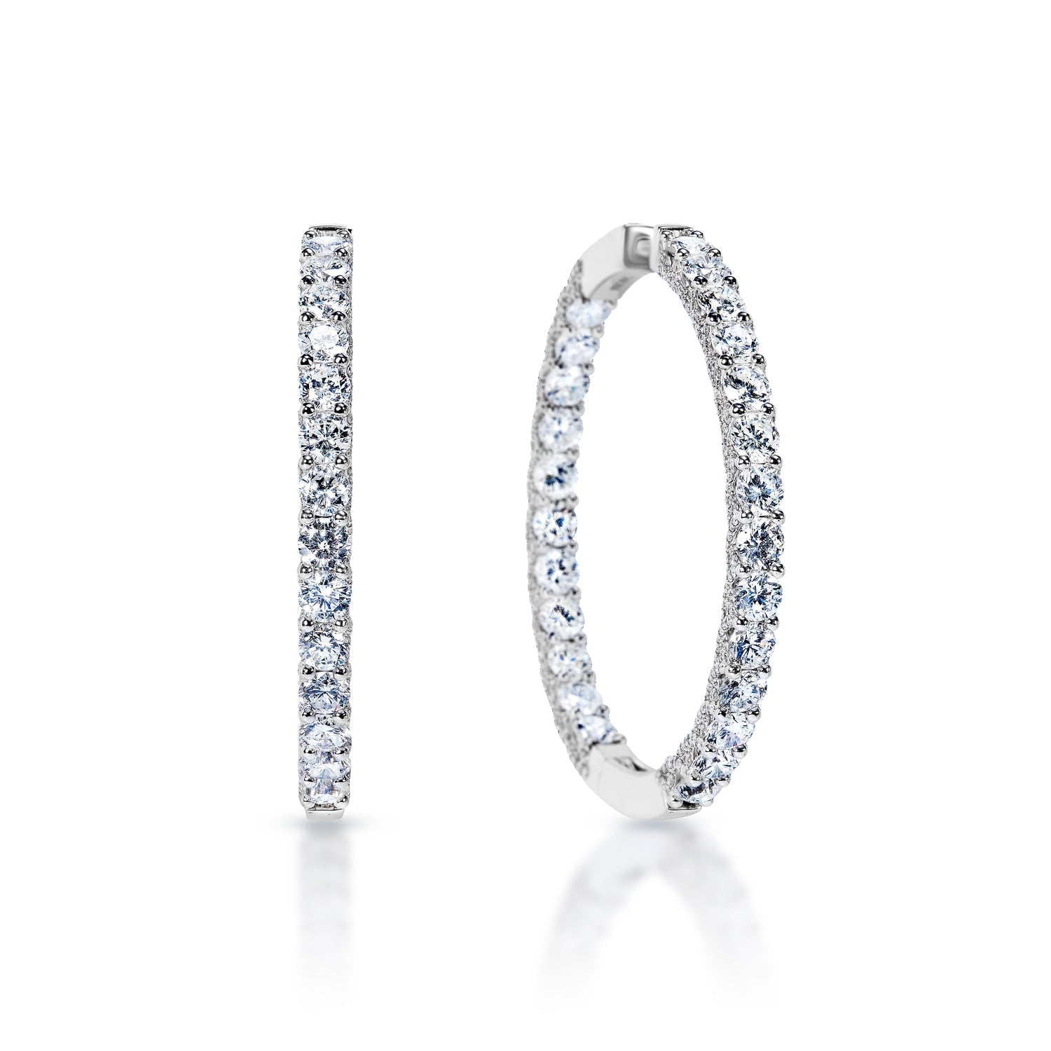 Melany 13 Carat Round Brilliant Diamond Hoops Earrings in 14k White Gold Front and Side View