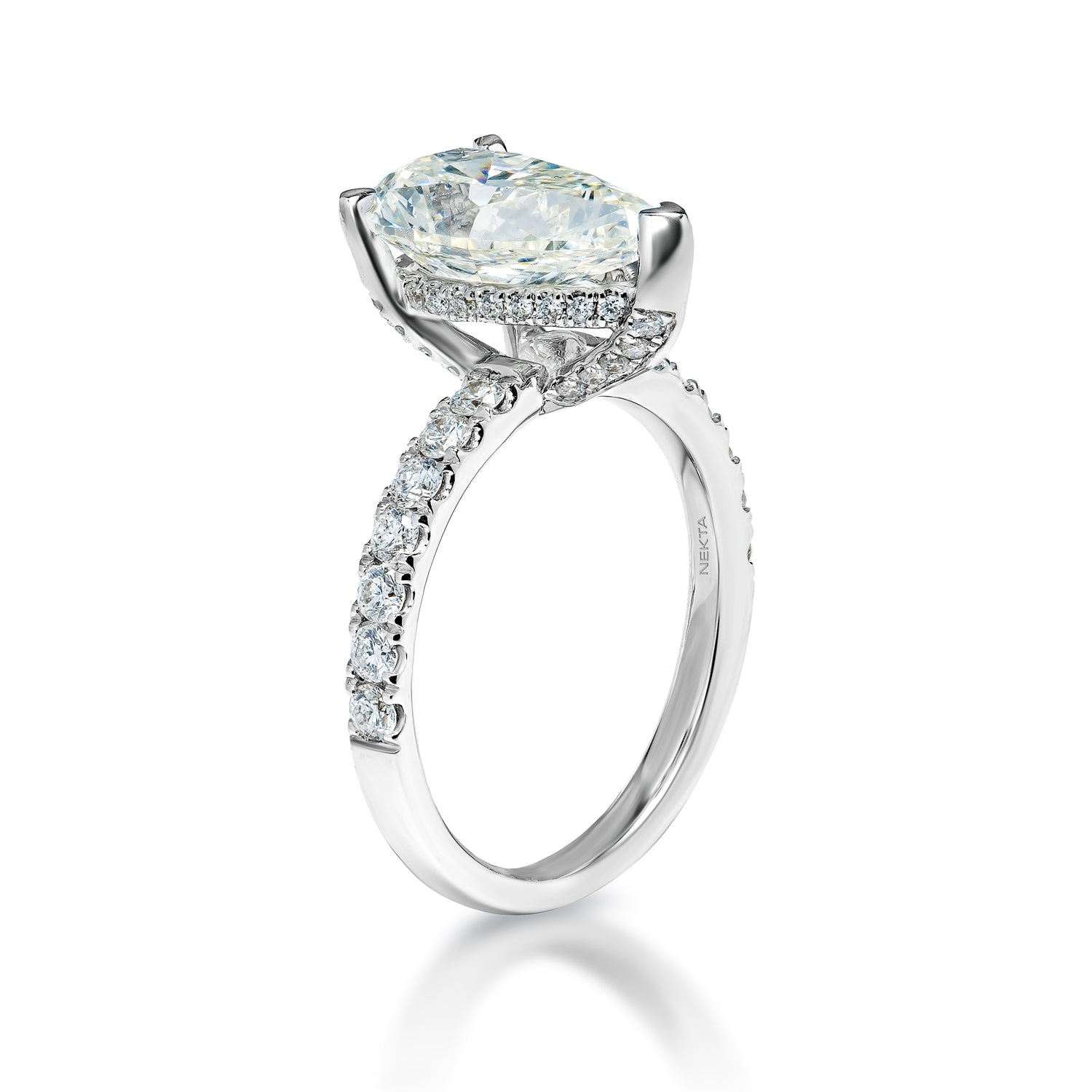 Sophie 4 Carat Pear Shape G VS1 Diamond Engagement Ring in 18k White Gold. Side View