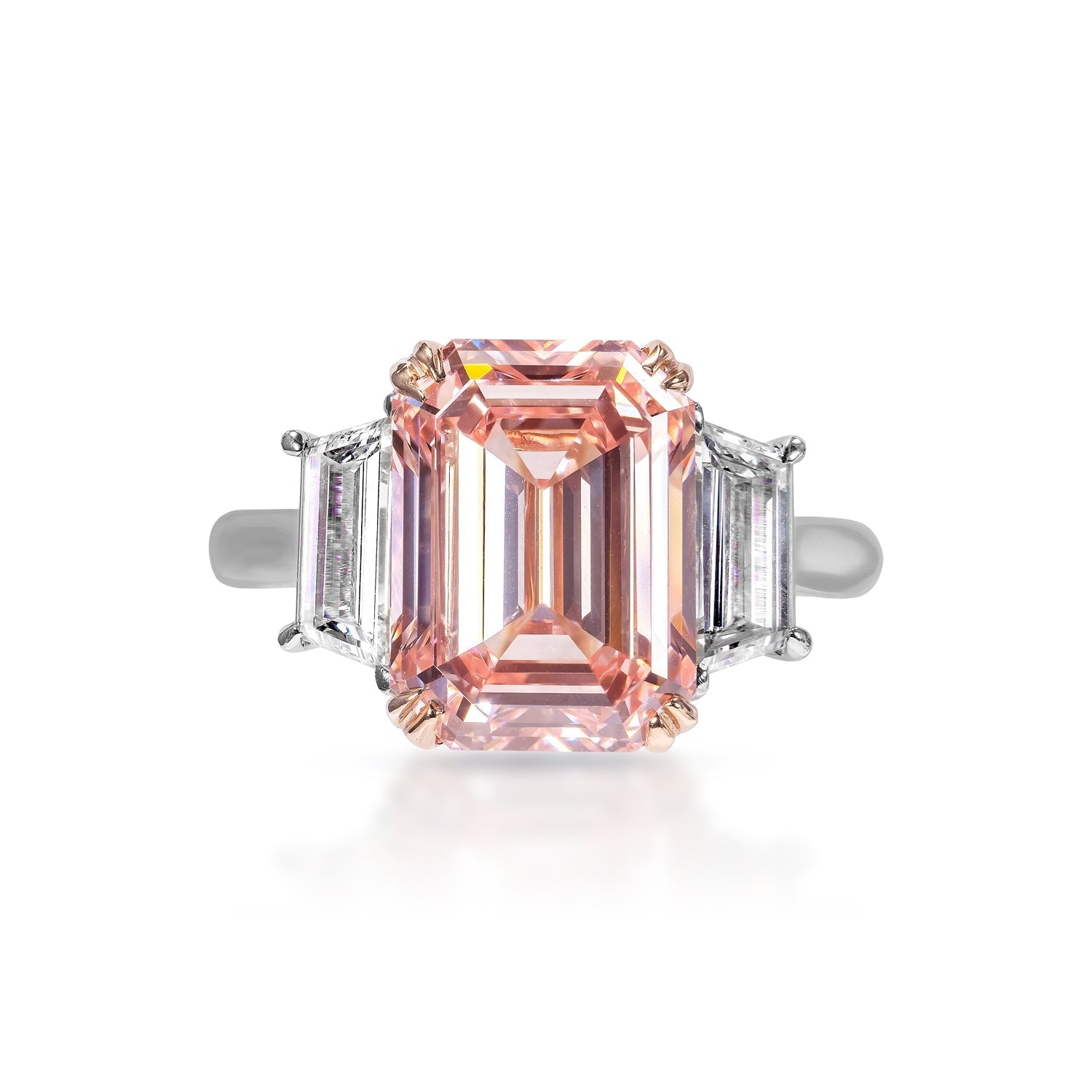 Gloria 7 Carats Fancy Vivid Pink VVS1 Emerald Cut Diamond Engagement Ring in 18k White Gold. GIA Certified Front View