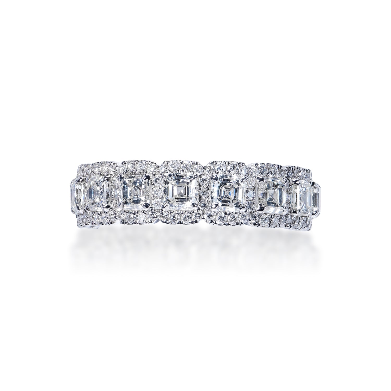 Alia 4 Carat Asscher Diamond With Halos Eternity Band in 18k White Gold Shared Prong Front View
