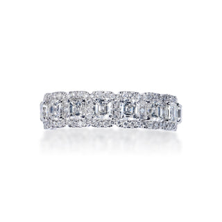 Alia 4 Carat Asscher Diamond With Halos Eternity Band in 18k White Gold Shared Prong Front View