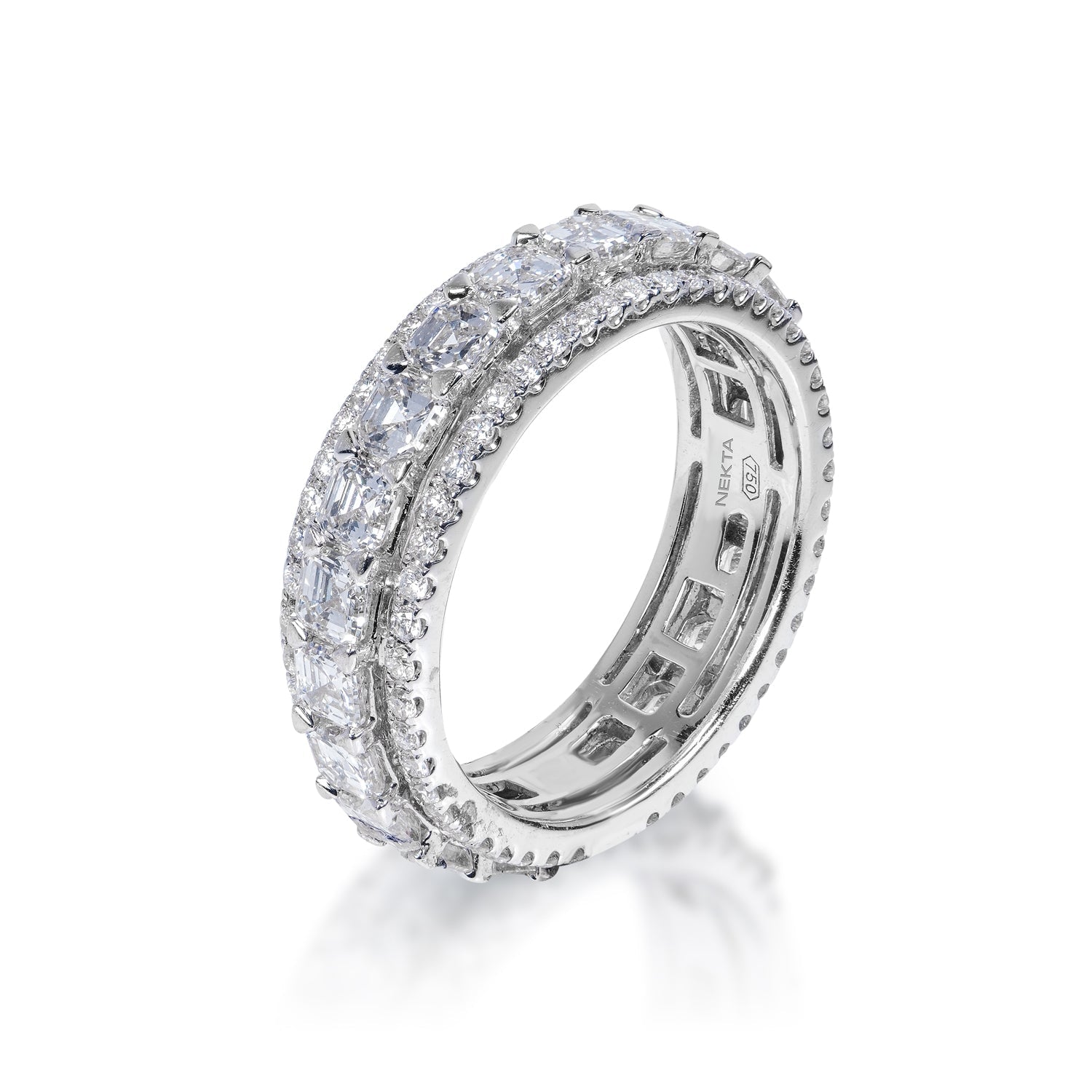 Jemma 4 Carat Asscher Cut Diamond Eternity Band 18k White  Shared Prong with Micro Pave edge Side View