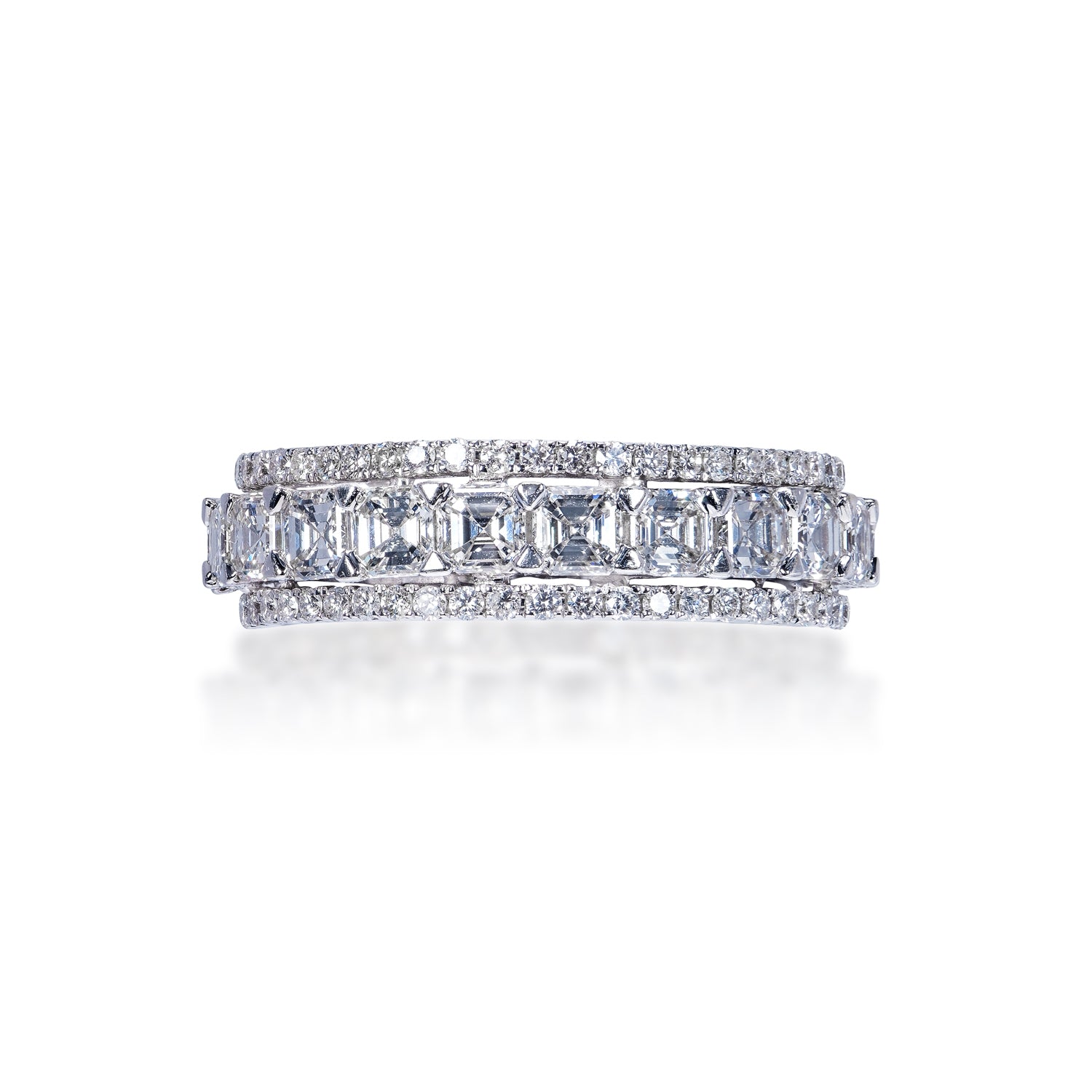 Jemma 4 Carat Asscher Cut Diamond Eternity Band 18k White  Shared Prong with Micro Pave edge Front View 