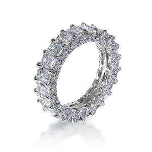 Angelica 6 Carat Emerald Cut Diamond Eternity Band in 14k White Gold Shared Prong With Diamond Encrusted Prongs Side View