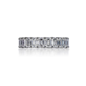 Angelica 6 Carat Emerald Cut Diamond Eternity Band in 14k White Gold Shared Prong With Diamond Encrusted Prongs Front View