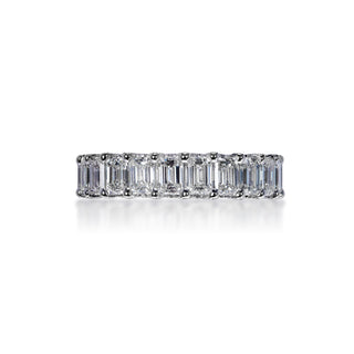 Angelica 6 Carat Emerald Cut Diamond Eternity Band in 14k White Gold Shared Prong With Diamond Encrusted Prongs Front View