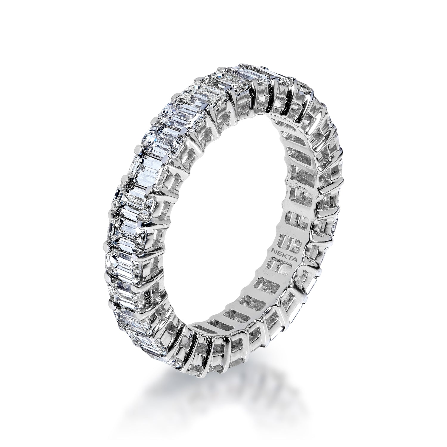 Rylie 4 Carat Emerald Cut Diamond Eternity Ring in 14k White Gold Shared Prong Side View