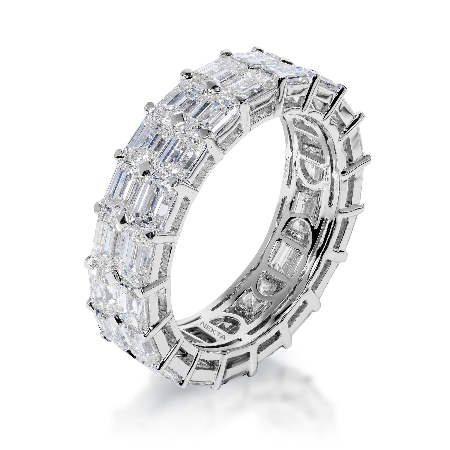 Isaac 7 Carat Emerald Cut Diamond Eternity Band in 14 Karat White Gold 2 Row Shared Prong Side View