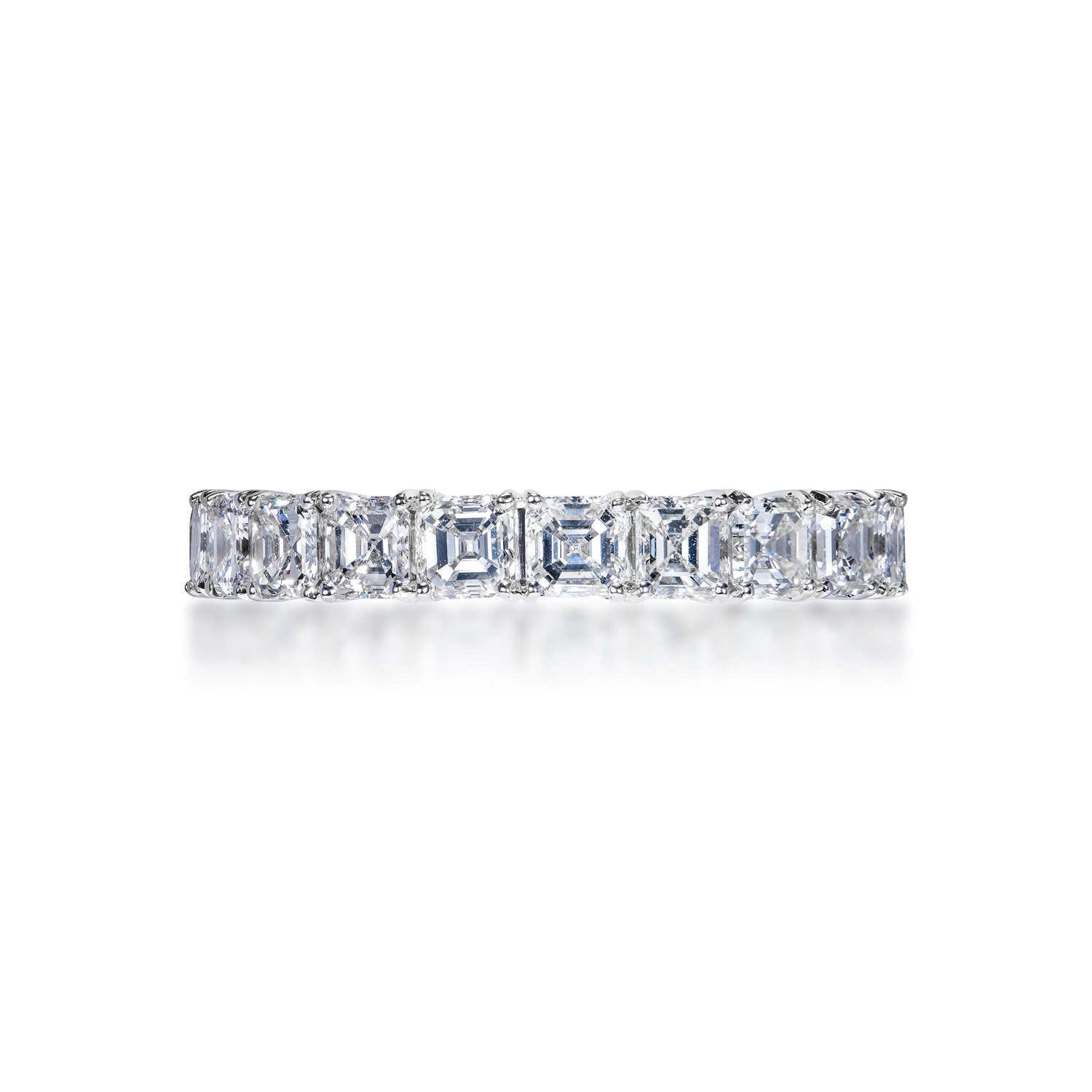 Della 3 Carat Asscher Cut Diamond Eternity Band in 18k White Gold Shared Prong Front View