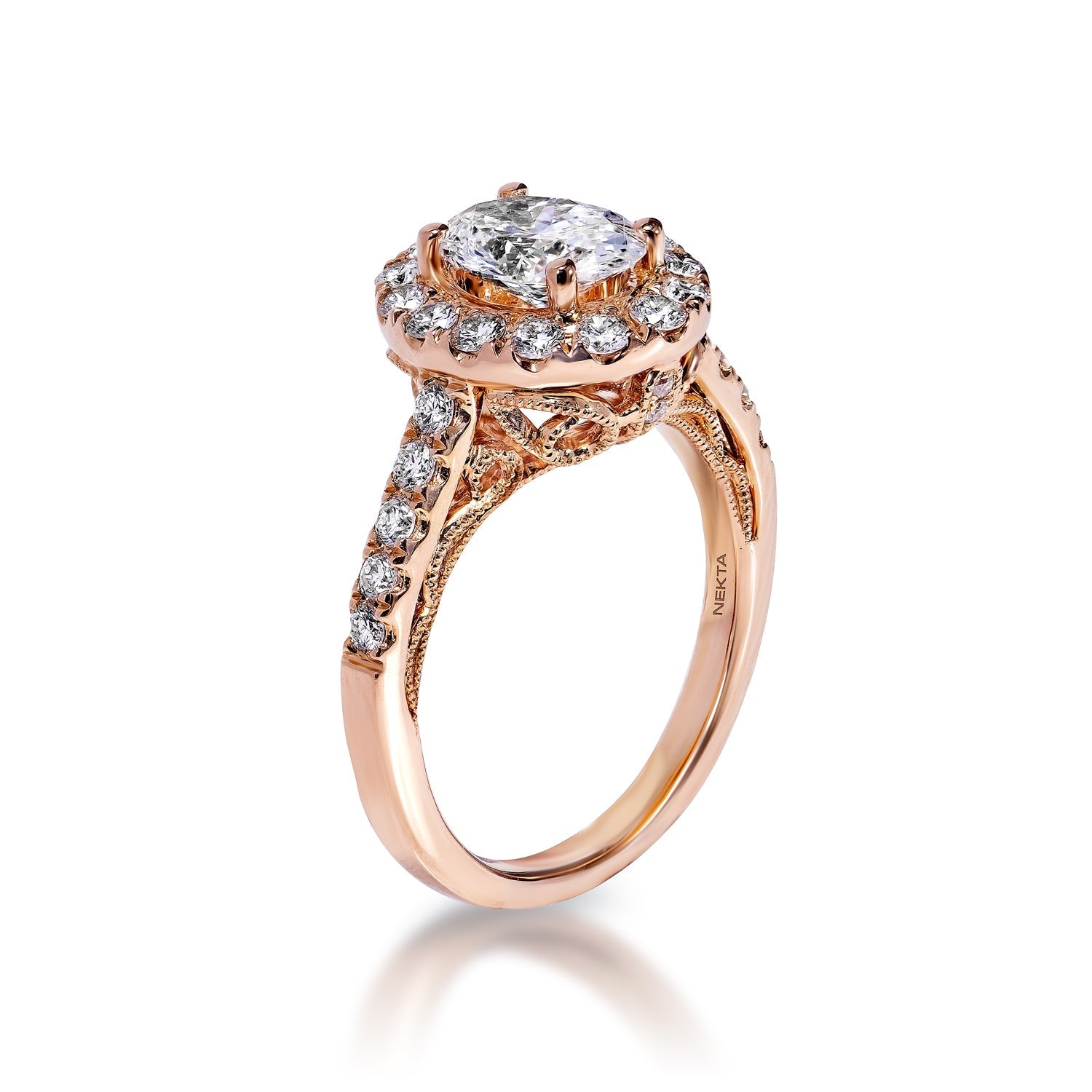 Lilac 2 Carat E VVS2 Oval Cut Lab Grown Diamond Engagement Ring in 18k Rose Gold Side View