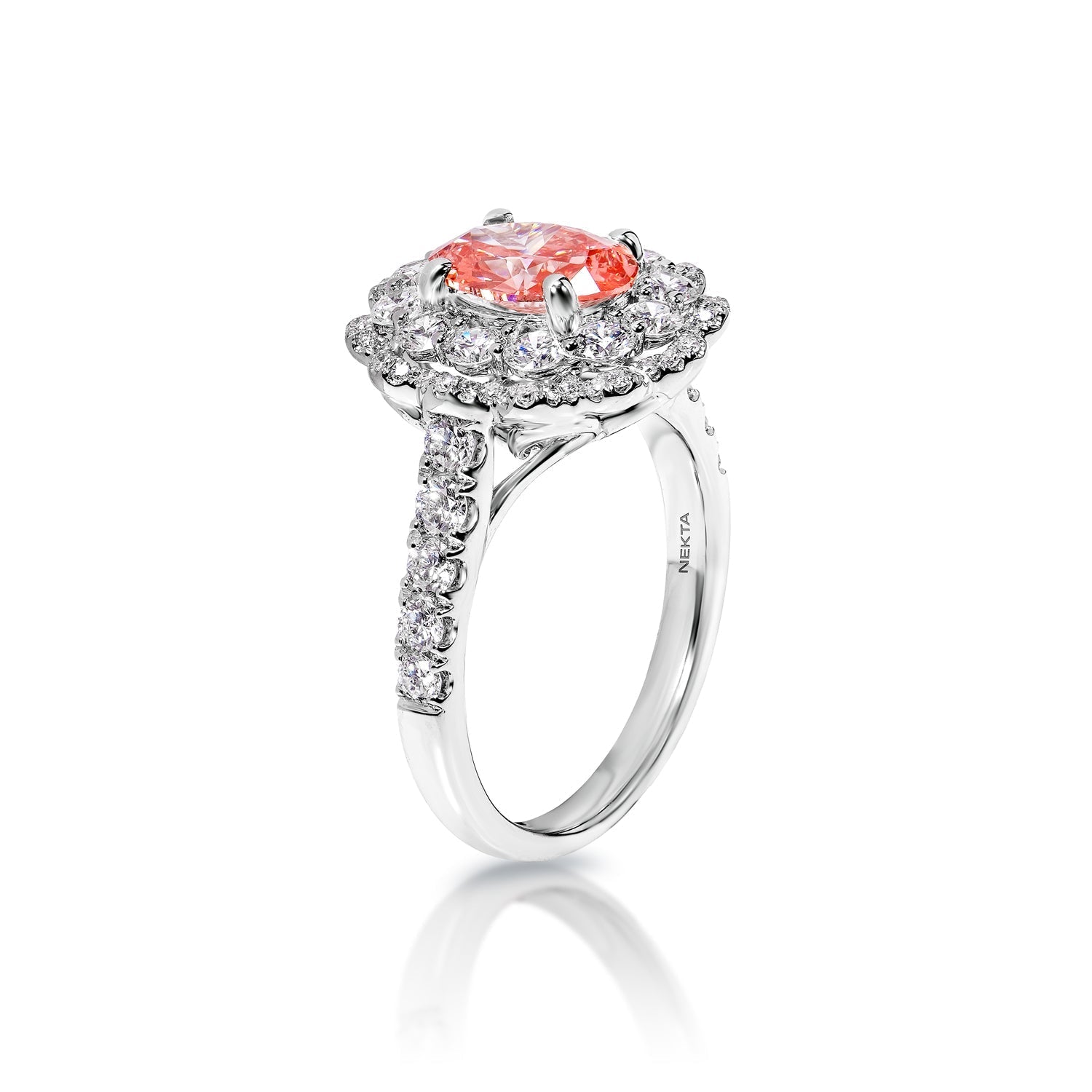 Miley 2 Carat Fancy Vivid Pink VS1 Oval Cut Diamond Engagement Ring in 18k White Gold Side View