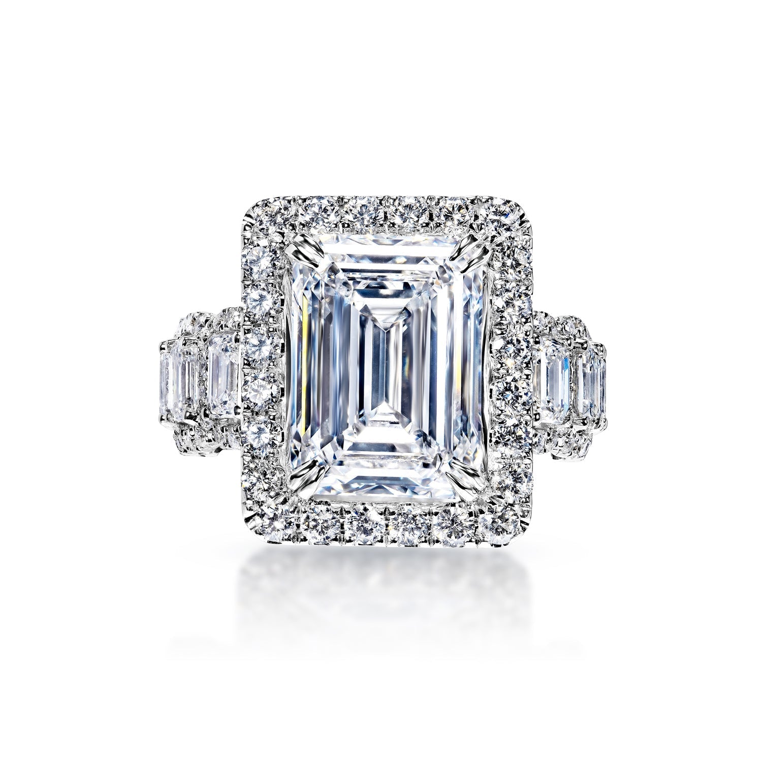 Lamya 11 Carat G VS1 Emerald Cut Lab Grown Diamond Engagement Ring in 18k White Gold Front View
