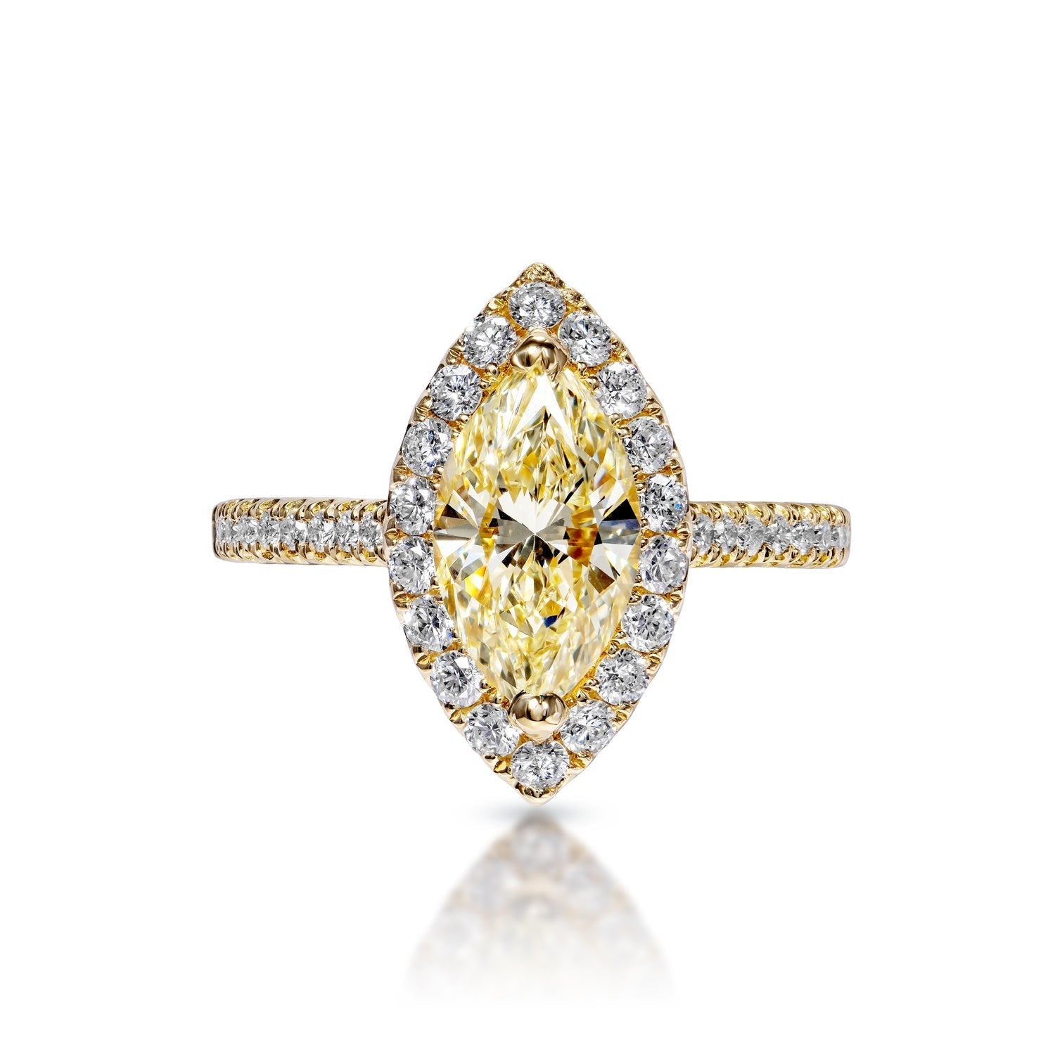 Aliya 2 Carat Yellow VVS2 Marquise Cut Diamond Engagement Ring in 18k Yellow Gold Front View