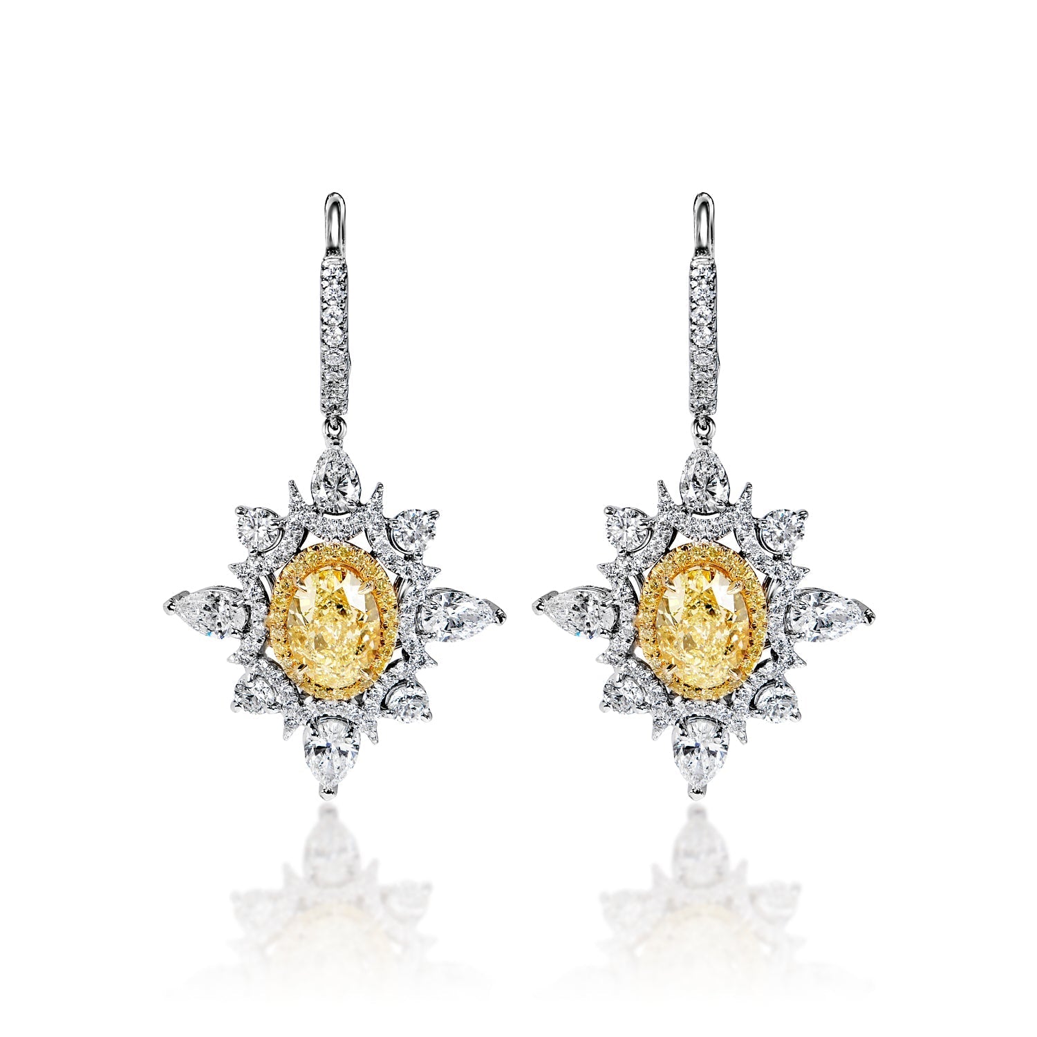 Everleigh 8 Carat FLY IF - VS2 Oval Shape Diamond Leverback Earrings in 18k Yellow & White Gold Front View