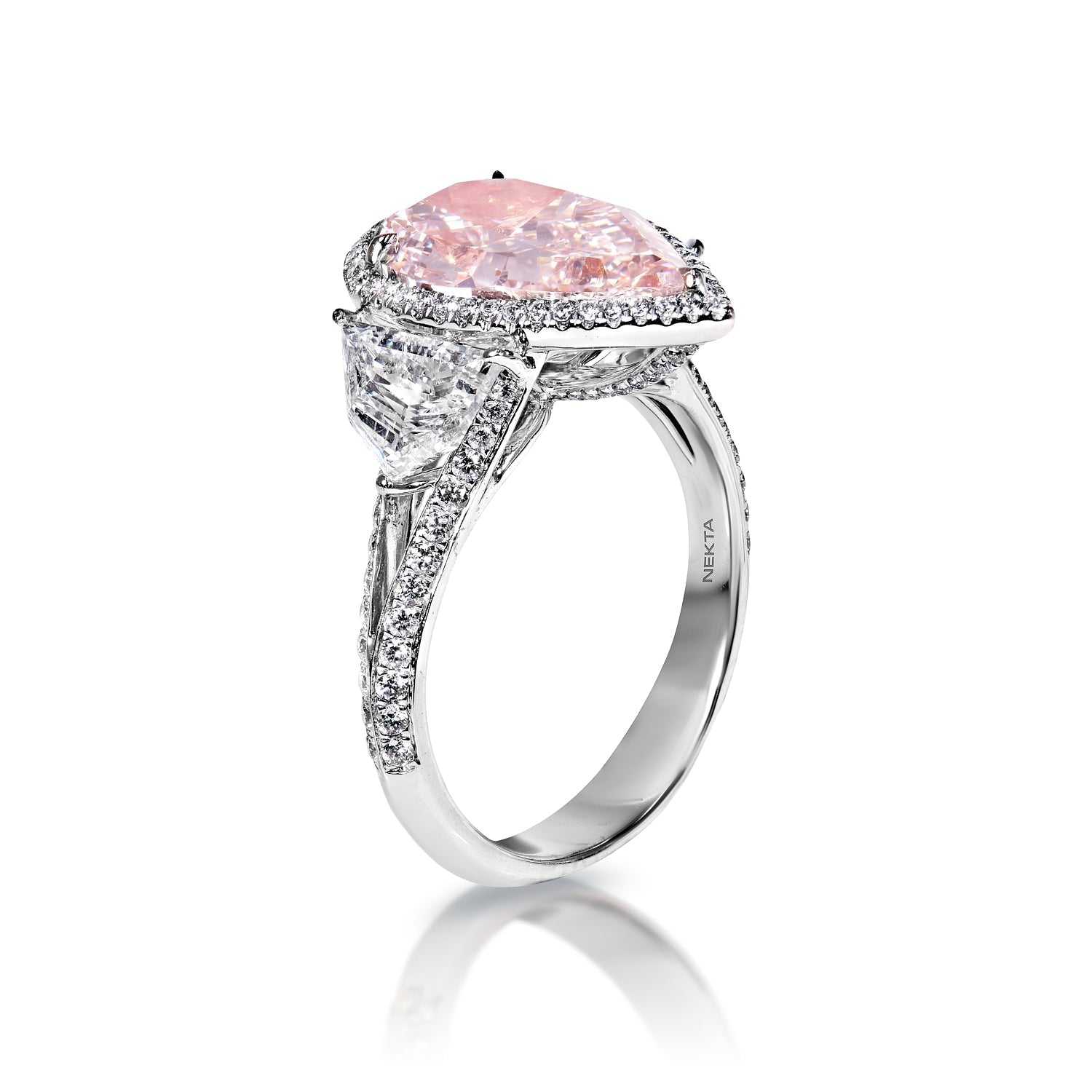 Ximena 5 Carat Light Pink VS2 Pear Shape Diamond Engagement Ring in 18k White Gold Side View