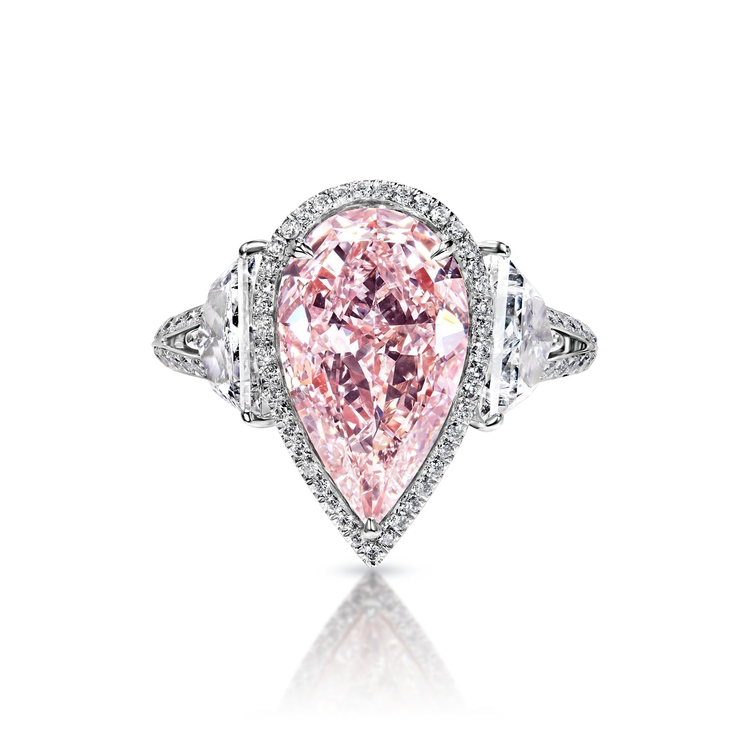 Ximena 5 Carat Light Pink VS2 Pear Shape Diamond Engagement Ring in 18k White Gold Front View