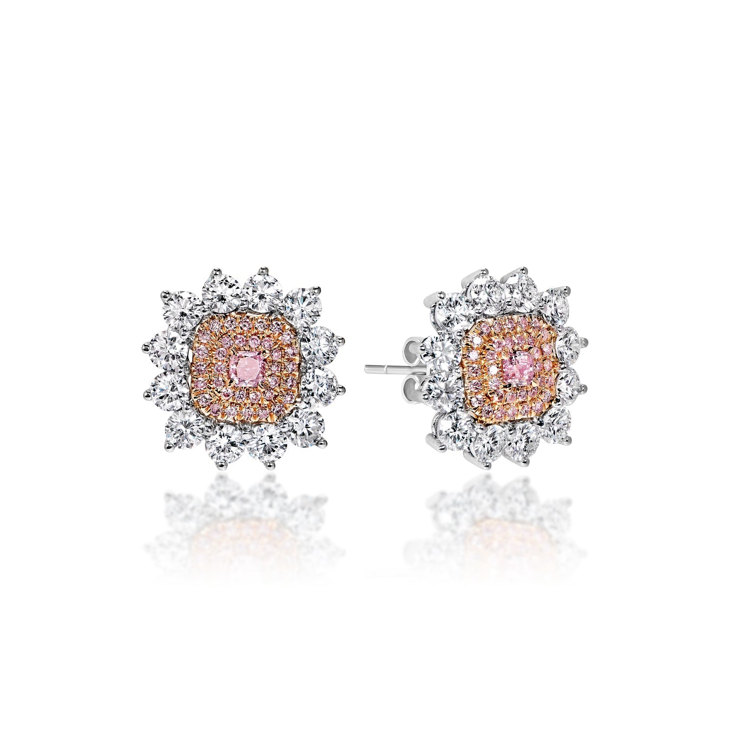Sara 4 Carat Fancy Intense Purplish Pink Radiant Cut Diamond Stud Earrings in 18k White Gold Front and Side View