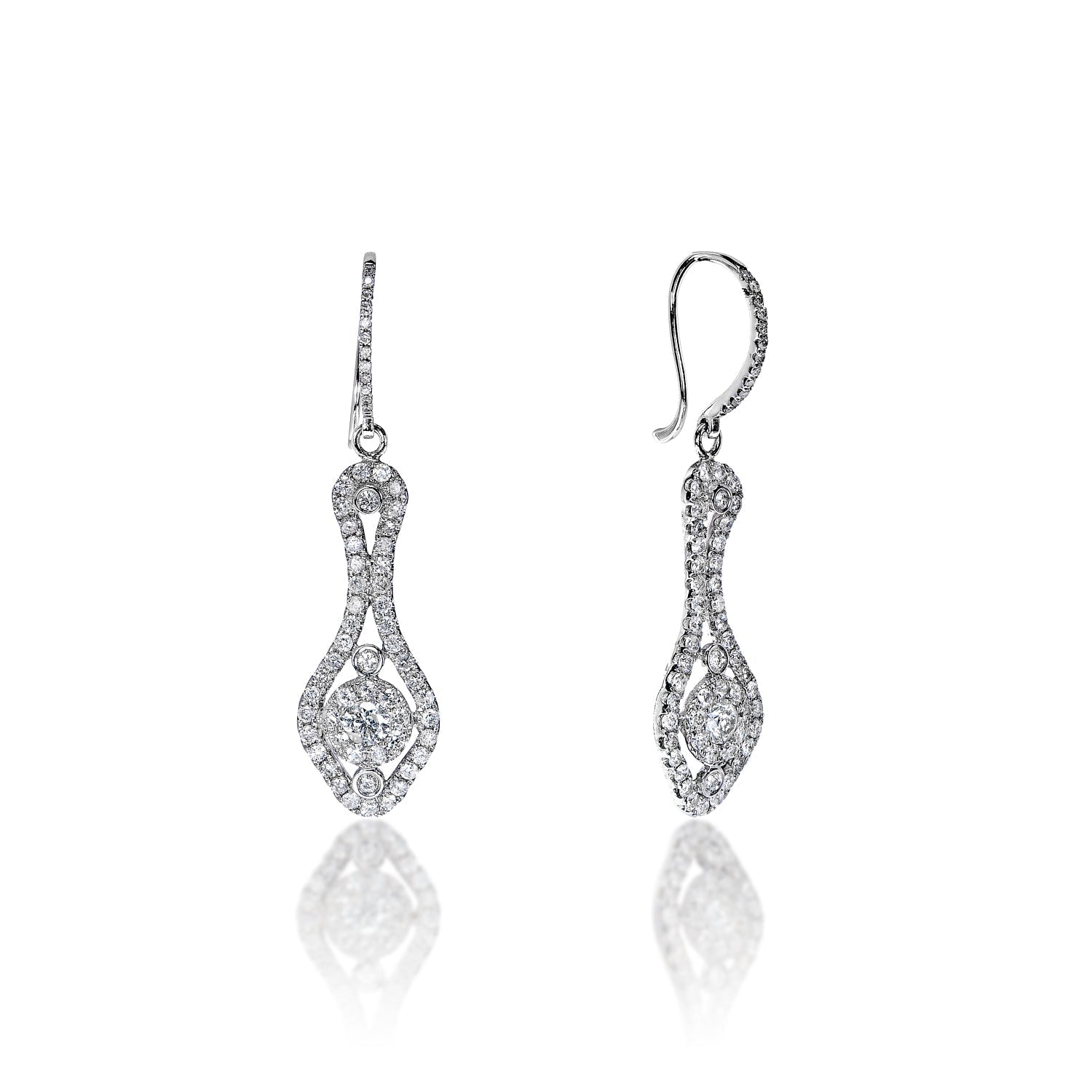 Fernanda 2 Carat Round Brilliant Diamond Shoulder Duster Earrings in 18k White Gold Front and Side View