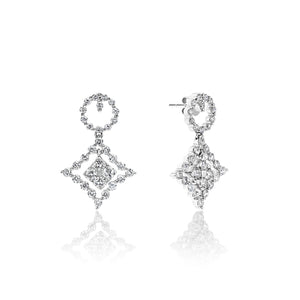 Emely 2 Carats Round Brilliant Cut Diamond Dangle Earrings in 18k White Gold Front and Side View