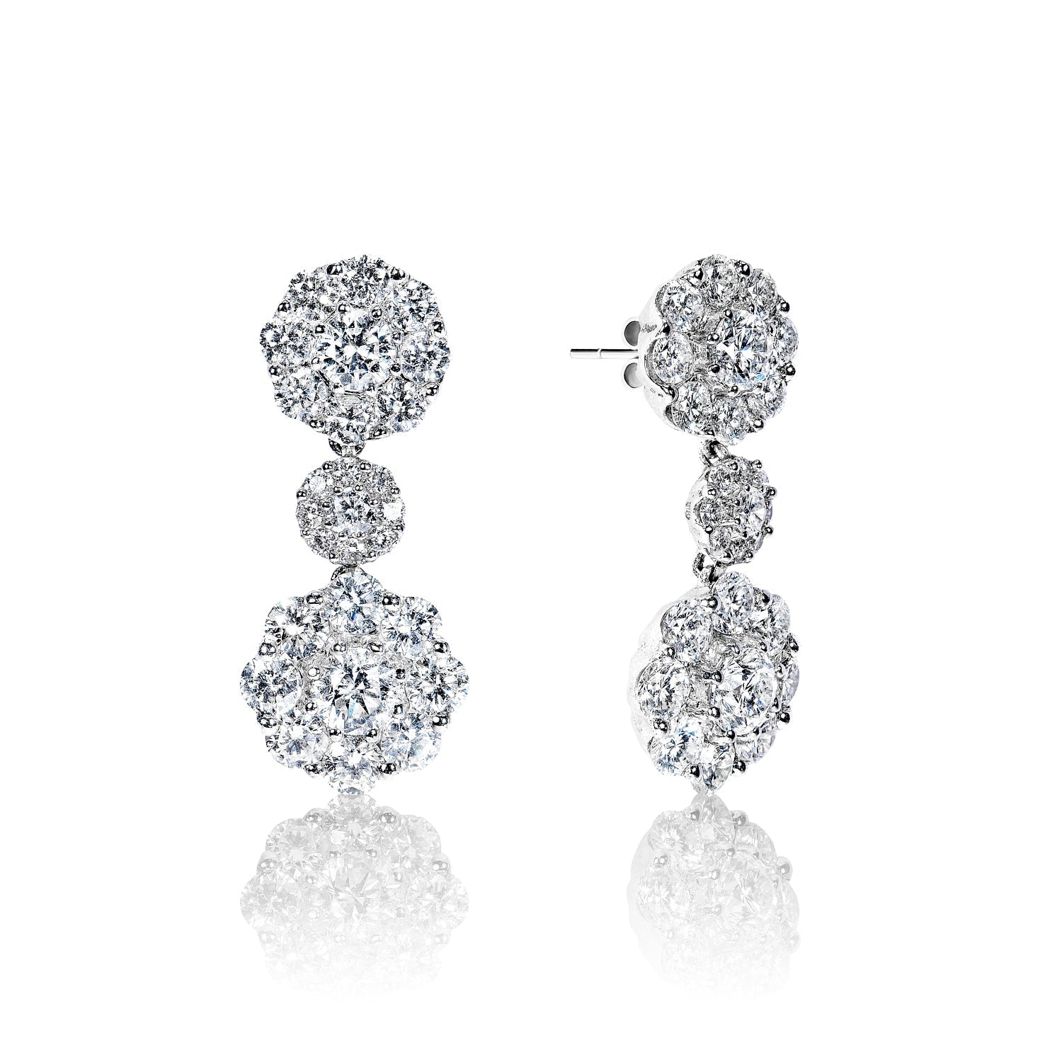 Maliyah 4 Carat Round Brilliant Diamond Drop Earrings in 18k White Gold Front and Side View