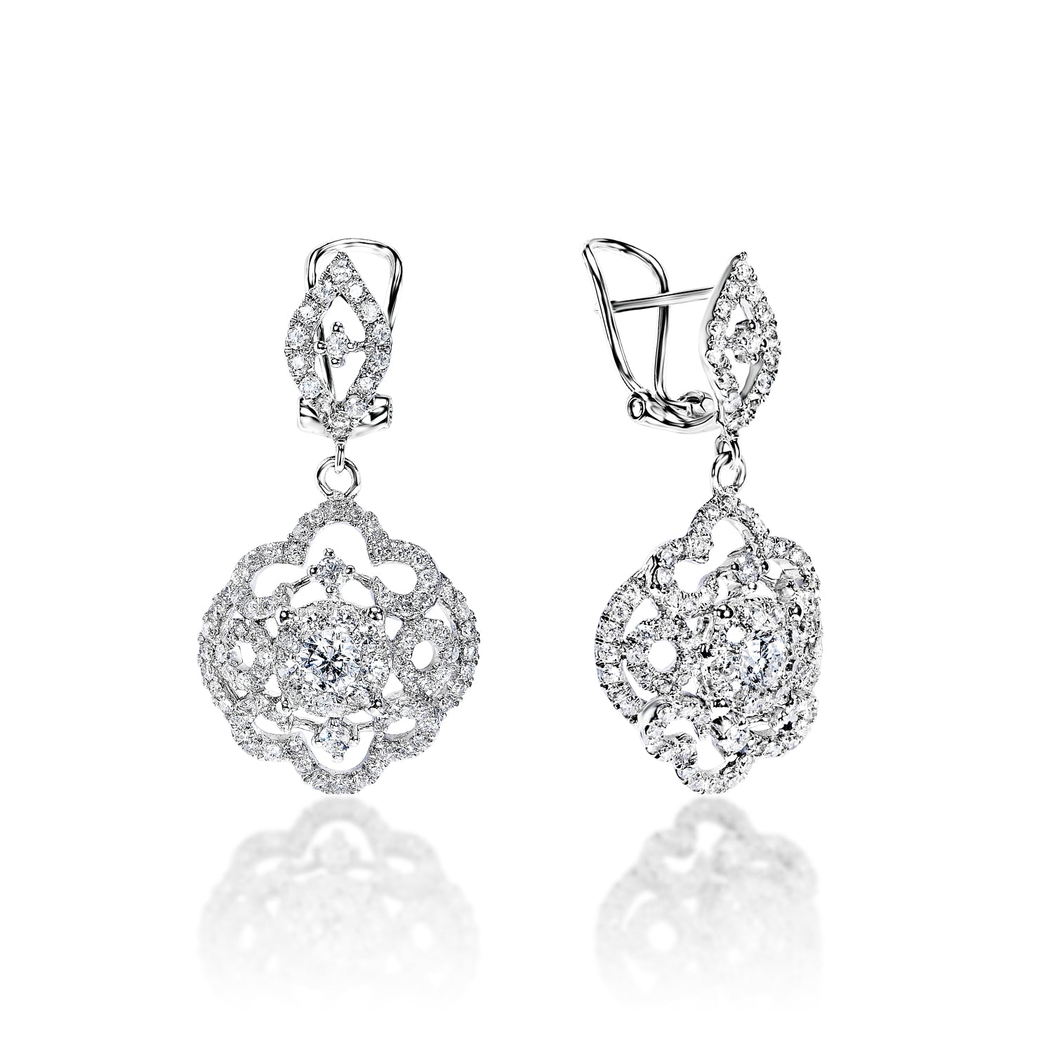Ailani 2 Carat Round Brilliant Diamond English Lock Earrings in 14k White Gold Front and Side View