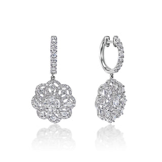 Renata 3 Carats Combine Mix Shape Diamond Huggie Drop Earrings in 14k White Gold Front and Side View