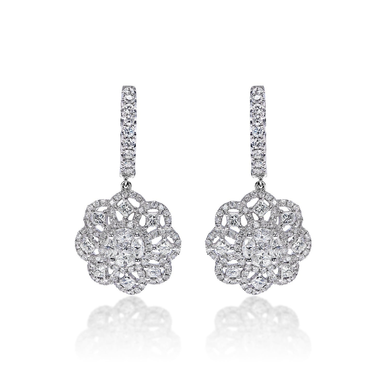 Renata 3 Carats Combine Mix Shape Diamond Huggie Drop Earrings in 14k White Gold Front View