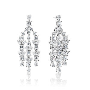 Zariah 8 Carat Combine Mix Shape Diamond Chandelier Earrings in 14k White Gold Front and Side View