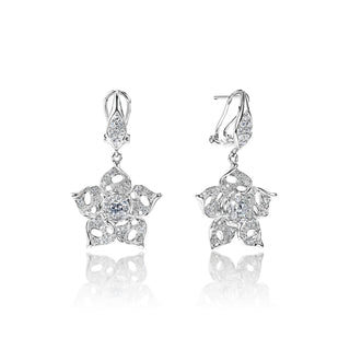 Carmen 1 Carat Round Brilliant Cut Diamond English Lock Drop Earrings in 14k White Gold Front and Side View