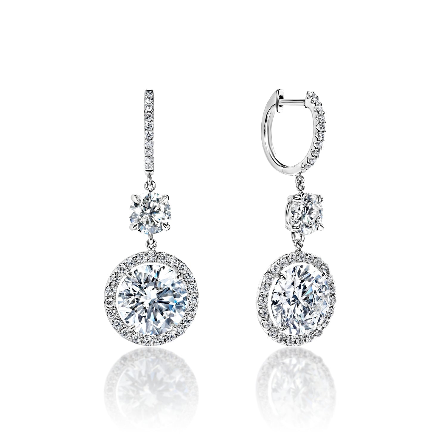 Felicity 13 Carat I J SI1 Round Brilliant Cut Diamond Huggie Dangle Earrings in 18k White Gold Front and Side View