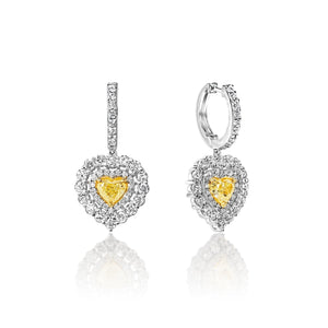 Danielle 3 Carat Yellow Combine Mix Shape Heart Diamond Hanging Earrings Front and Side View
